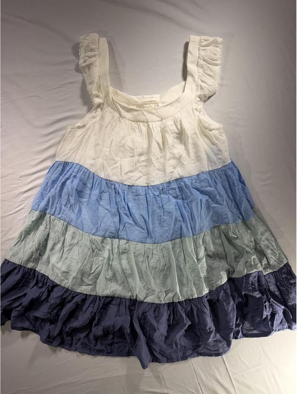 Mia & Tess white, blue, and navy blue tiered dress with ruffles in size S